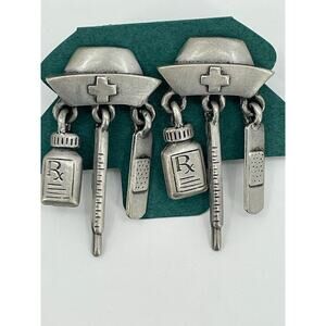 Jonette‎ Jewelry (J. J.) Pewter Nurse Cap Pierced Earrings Charms Dangles